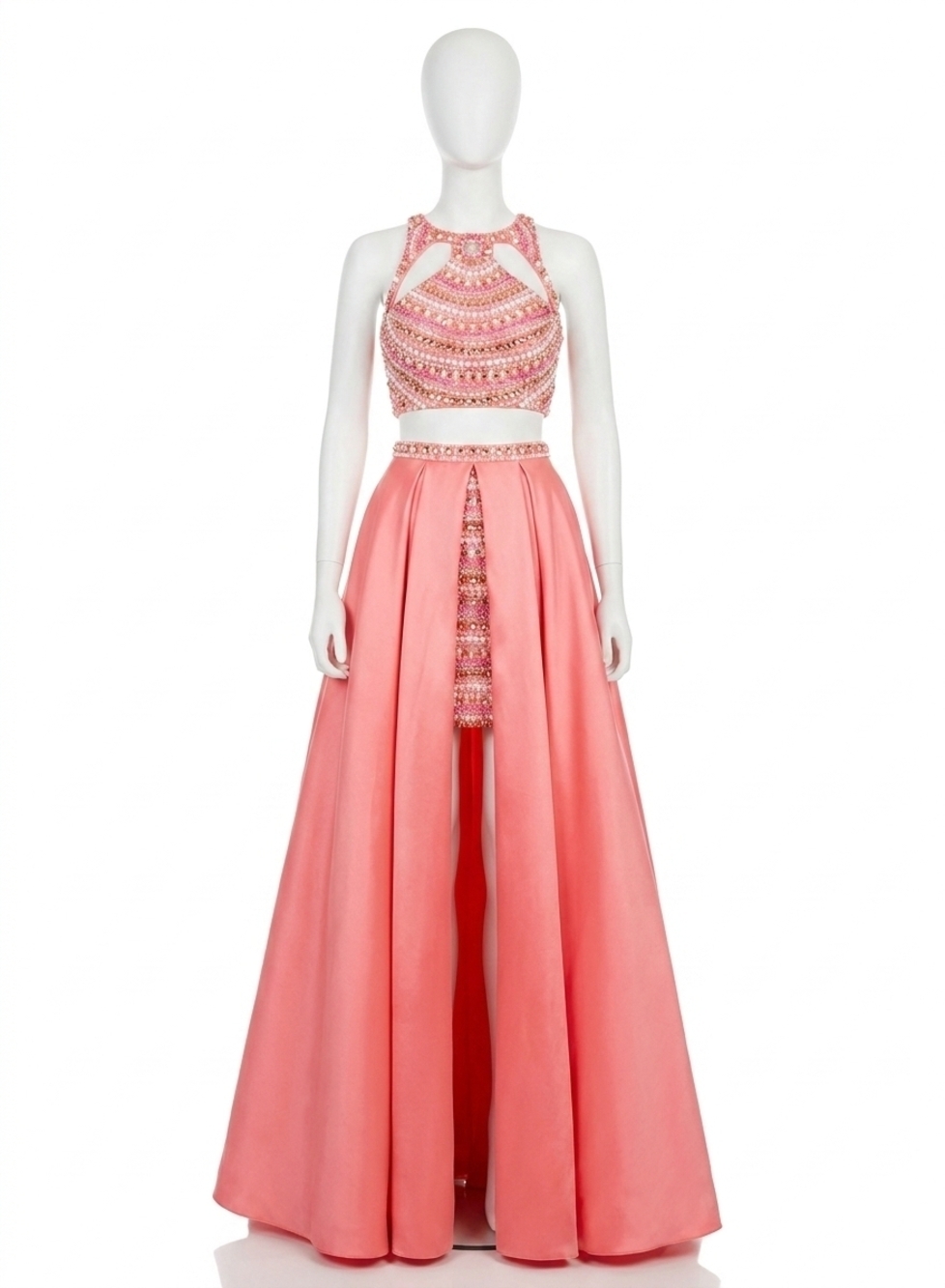 NEW RACHEL ALLAN fully beaded two-piece prom dress with overskirt in coral